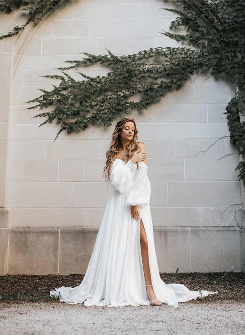 A-Line Sweetheart Long Sleeves Chiffon Sweep Train Wedding Dress Off Shoulder With Slit Elegant