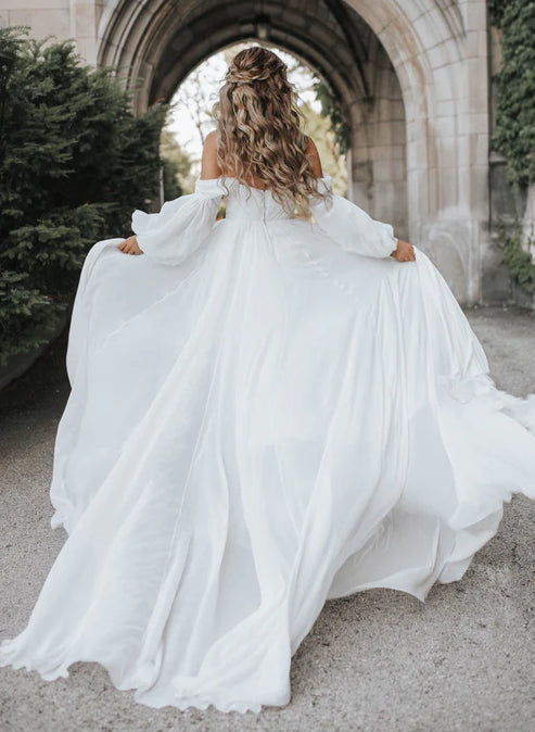 A-Line Sweetheart Long Sleeves Chiffon Sweep Train Wedding Dress Off Shoulder With Slit Elegant
