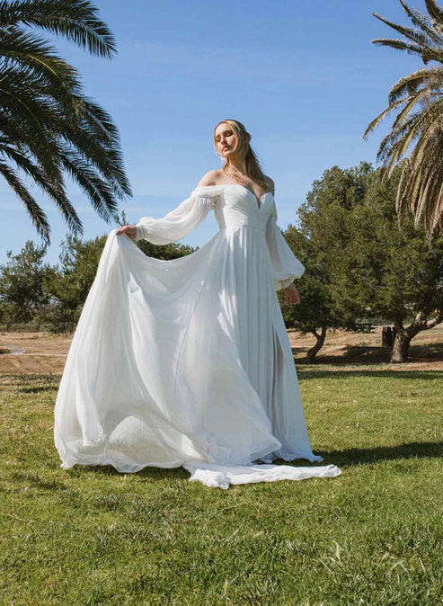 A-Line Sweetheart Long Sleeves Chiffon Sweep Train Wedding Dress Off Shoulder With Slit Elegant