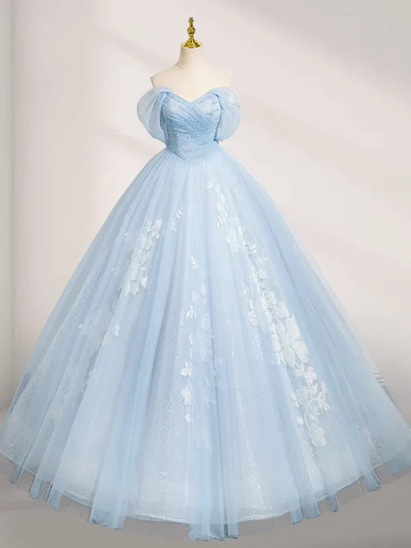 A-line sheer lace blue long ball dress off the shoulder sky blue dress Beautiful