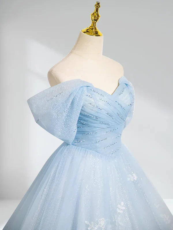 A-line sheer lace blue long ball dress off the shoulder sky blue dress Beautiful
