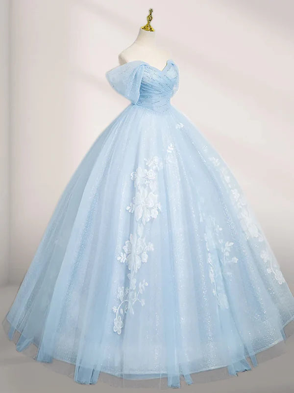 A-line sheer lace blue long ball dress off the shoulder sky blue dress Beautiful
