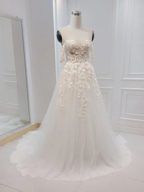 A-line White Off the Shoulder Wedding Dress With Flower Embroidery Beautiful