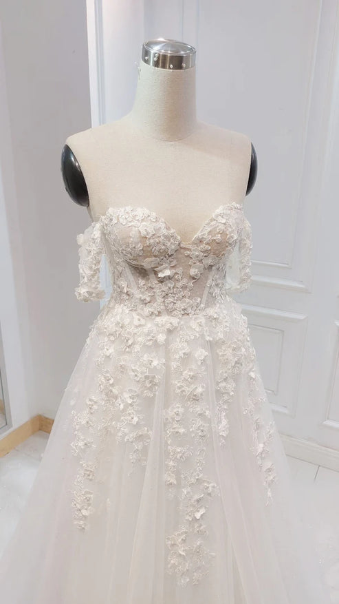 A-line White Off the Shoulder Wedding Dress With Flower Embroidery Beautiful