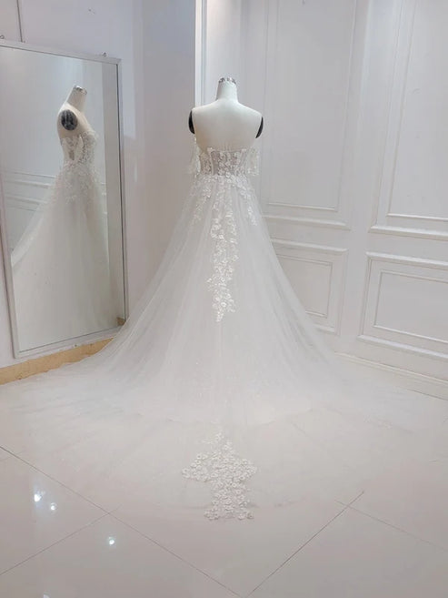A-line White Off the Shoulder Wedding Dress With Flower Embroidery Beautiful