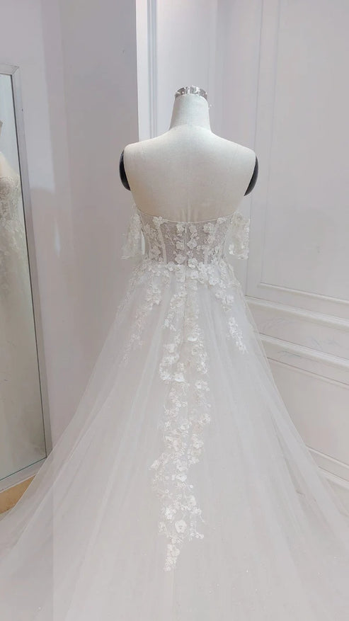 A-line White Off the Shoulder Wedding Dress With Flower Embroidery Beautiful