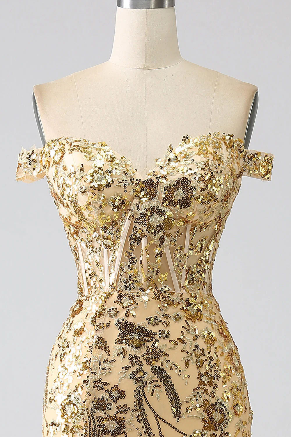 Mermaid Off The Shoulder Corset Prom Dress with Slit Sparkly Long Sexy