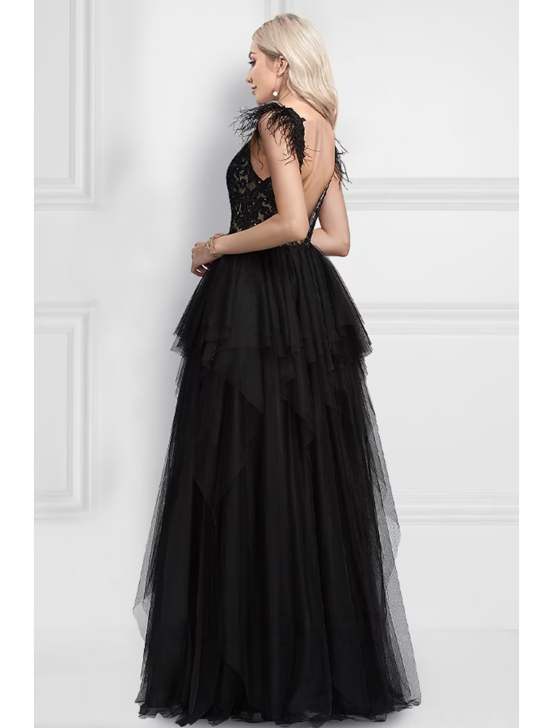 A-Line Prom Dresses Black Dress Wedding Party Floor Length Sleeveless V Neck Tulle