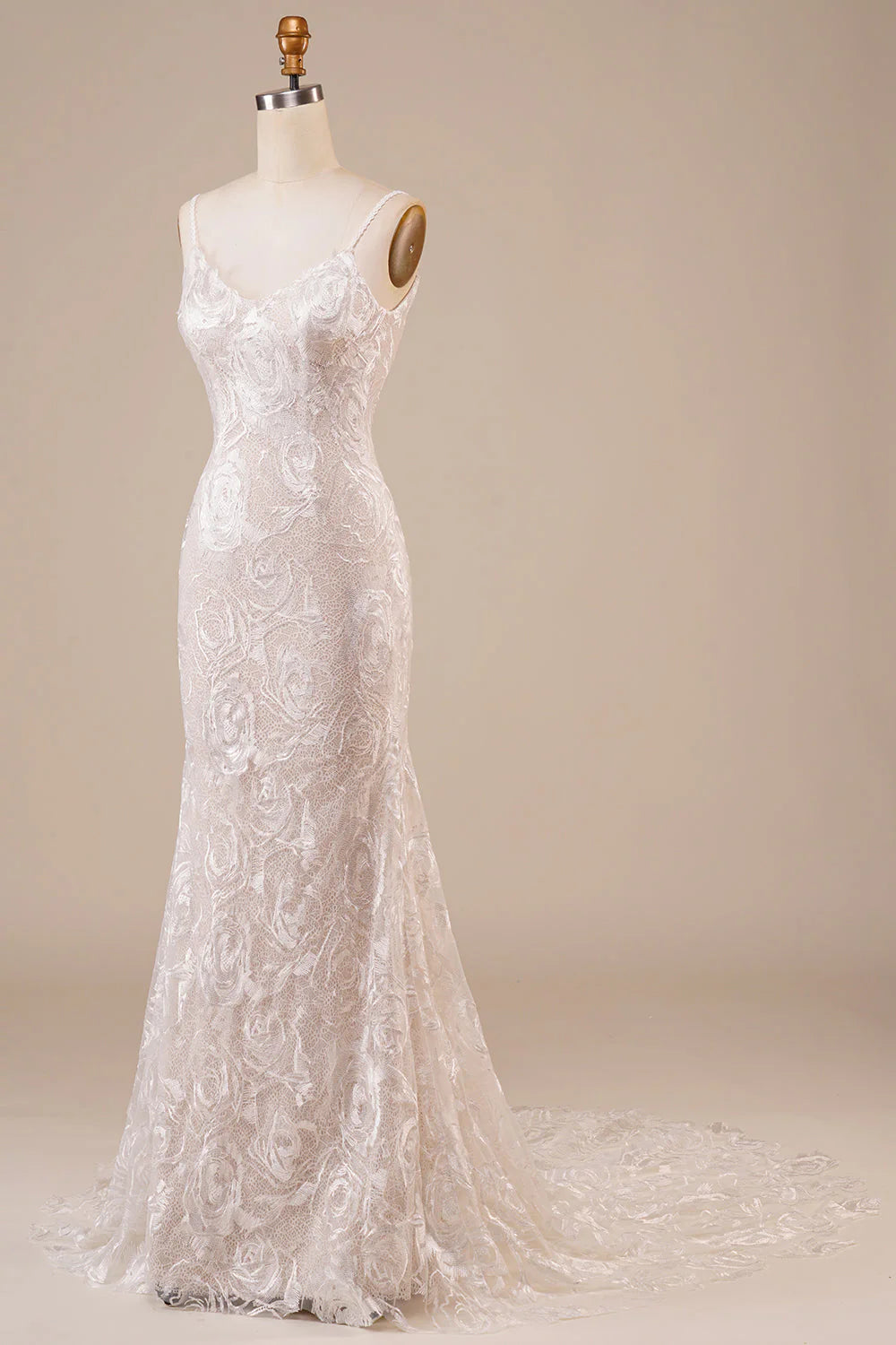 Backless Lace Wedding Dress with Sweep Train V-neck