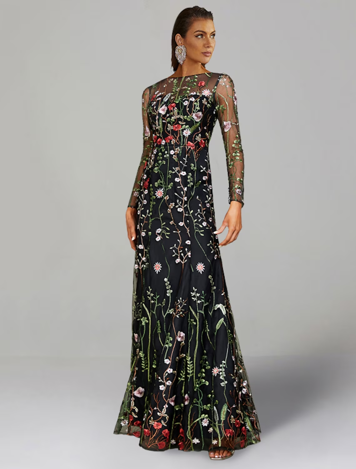 Sheath / Column Wedding Guest Dresses Floral Dress Wedding Guest Floor Length Long Sleeve Jewel Neck Tulle