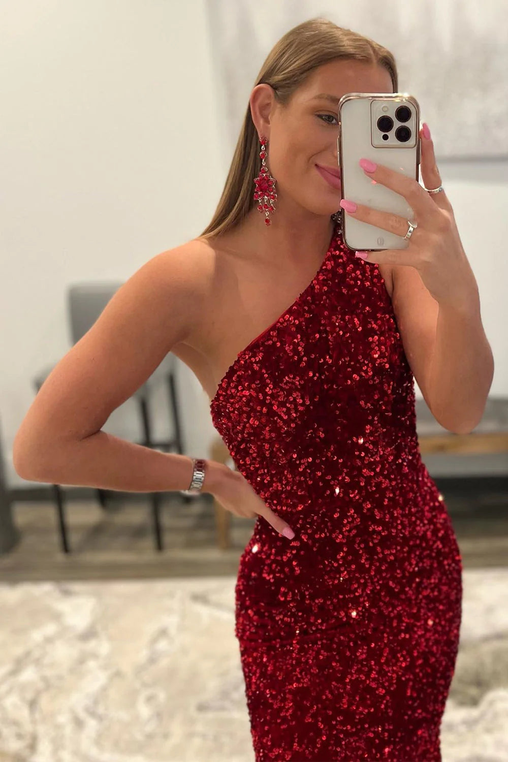 Coral Sequins One Shoulder Mermaid Long Prom Dress Sparkly Evening Dresses