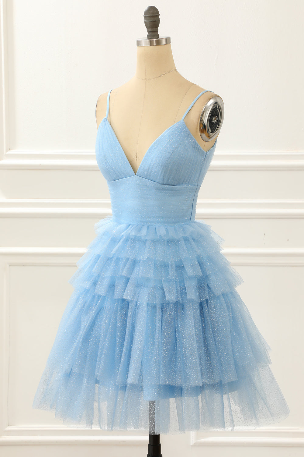 Light Blue A-Line Cute Homecoming Dress With Ruffles V-neck Short