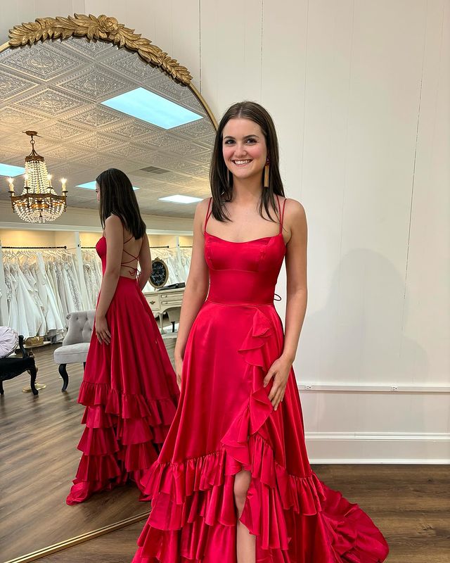 Sexy Side Slit Long Spaghetti Straps Prom Dresses with Flounced Evening Dresses