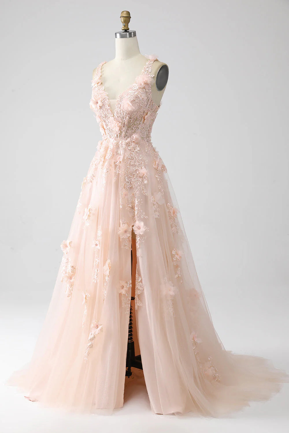 A-Line Spaghetti Straps Long Prom Dress with Appliques With Flower