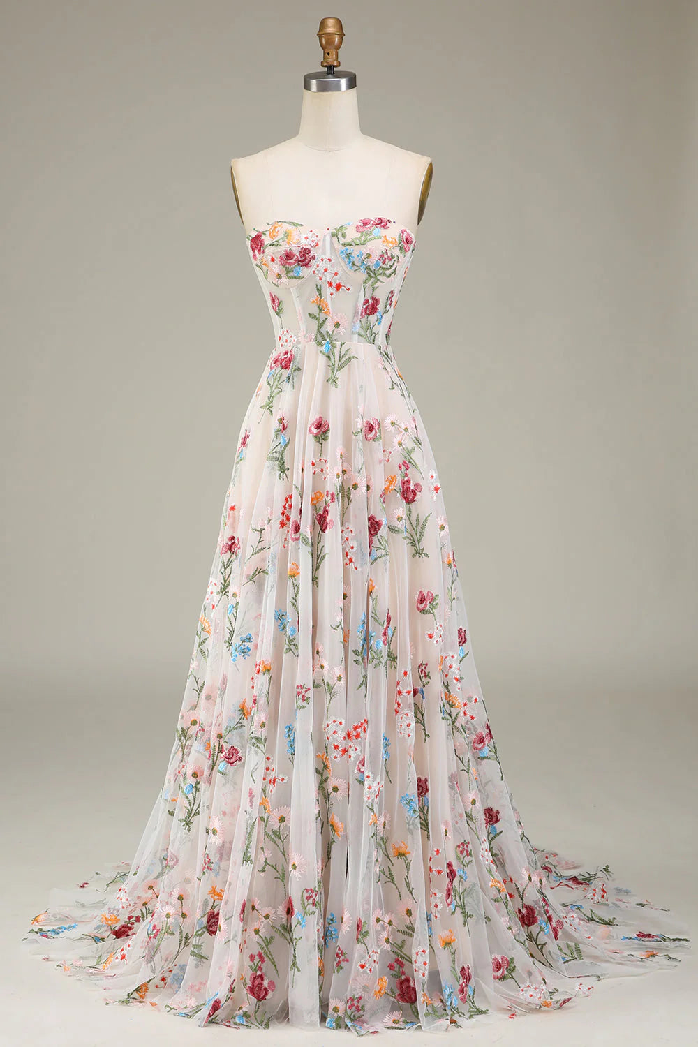 Tulle Train Long Wedding Dress with Embroidery With Flower