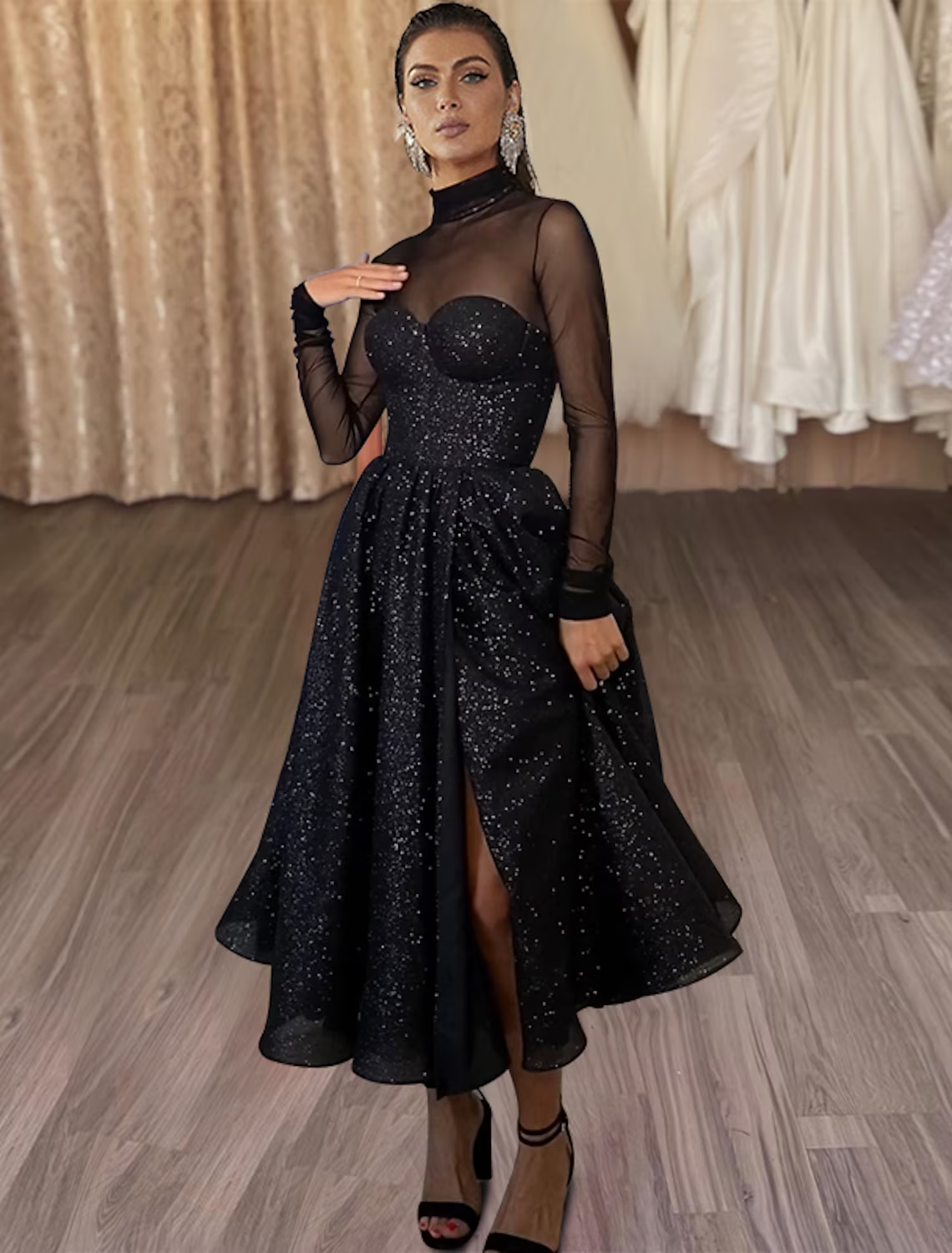 A-Line Cocktail Dresses Elegant Dress Party Wear Tea Length Long Sleeve High Neck Wednesday Addams Family Tulle with Glitter