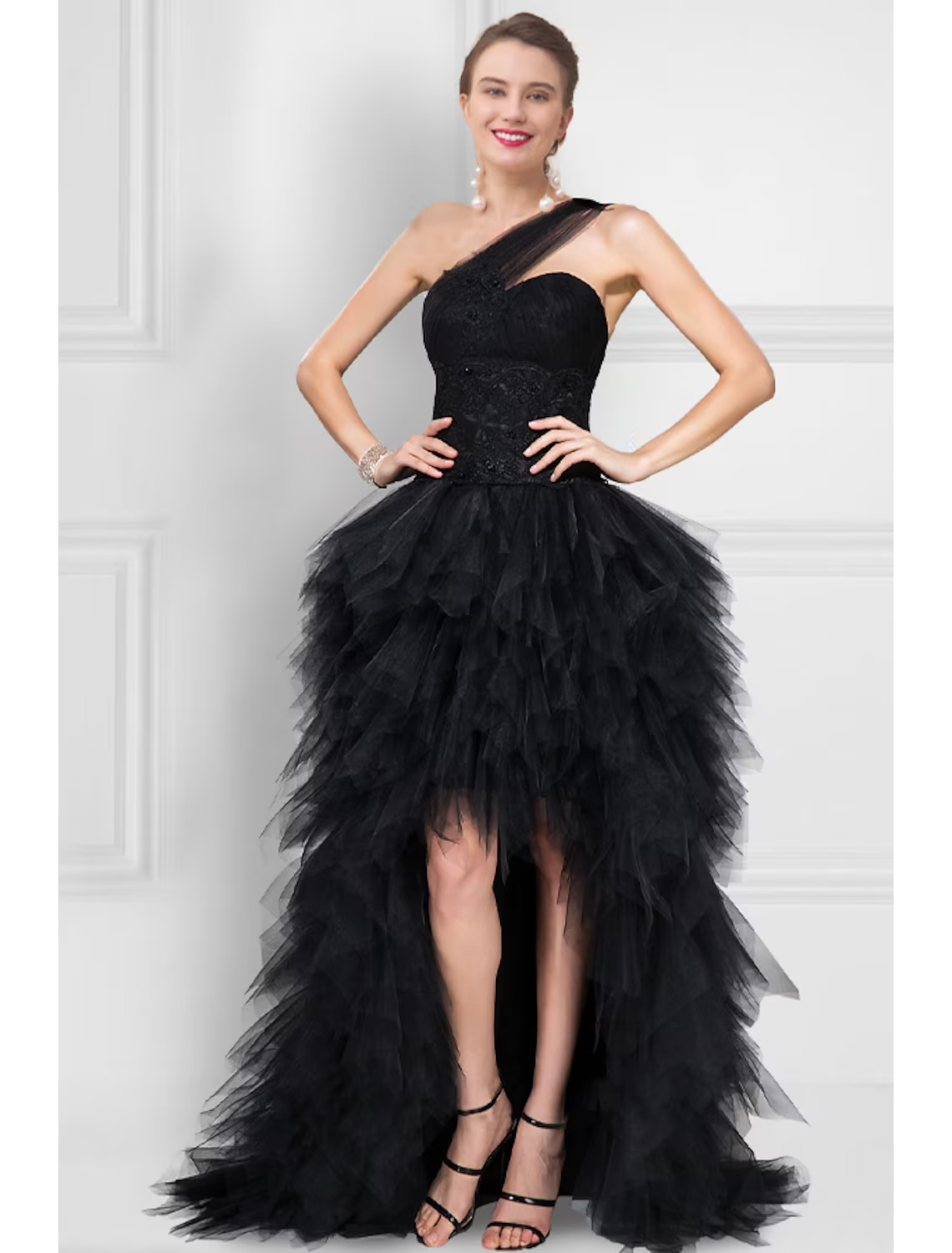 Ball Gown Prom Dresses Black Dress Masquerade Asymmetrical Sleeveless One Shoulder Tulle Ladder Back with