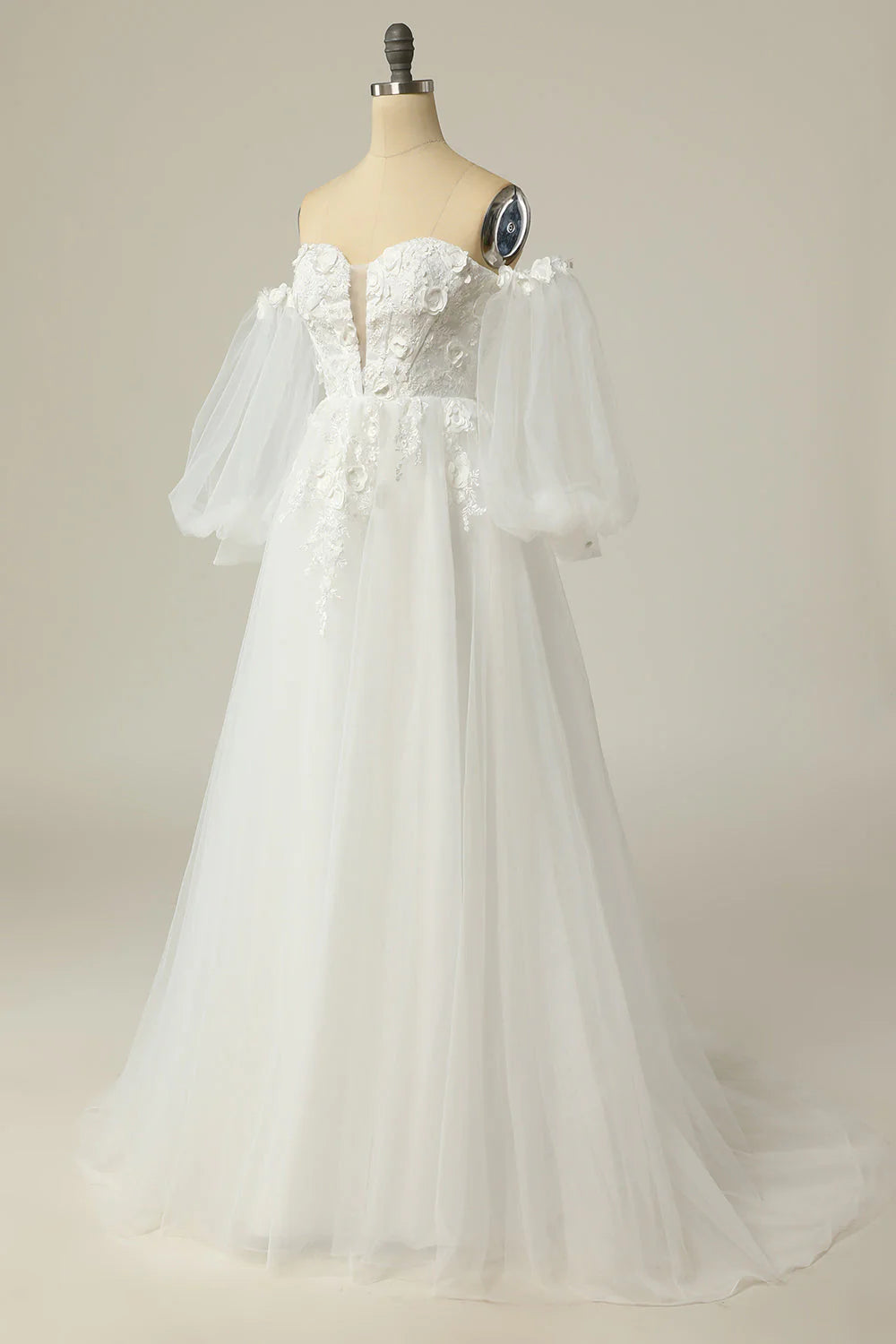 A Line Off the Shoulder Wedding Dress with Long Sleeves Pure Color
