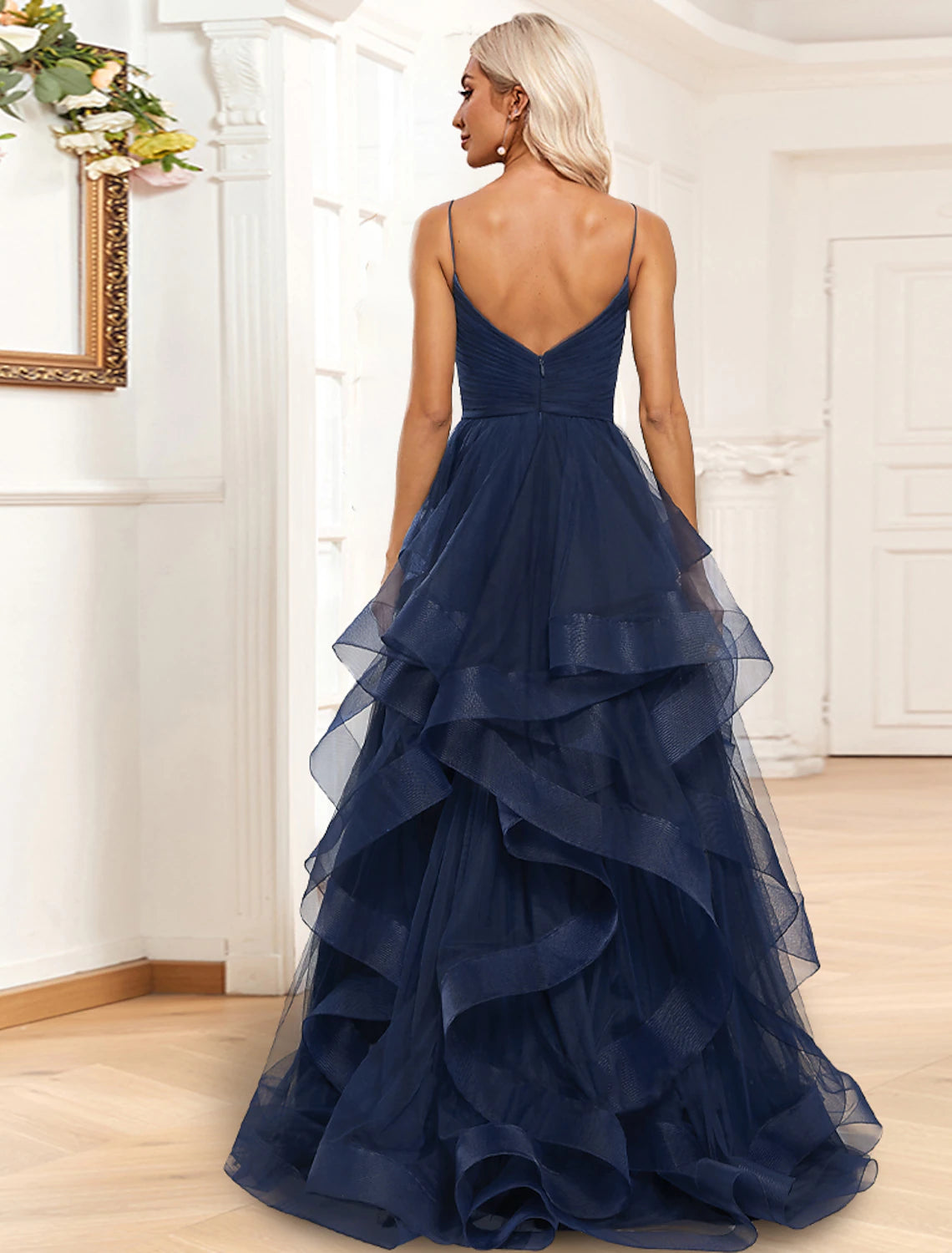 A-Line Evening Gown Tiered Plisse Dress Formal Wedding Guest Sweep / Brush Train Sleeveless Spaghetti Strap Organza with Ruched
