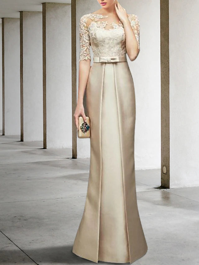 Mermaid / Trumpet Mother of the Bride Dress Elegant Jewel Neck Knee Length Satin Lace Half Sleeve with Bow(s)