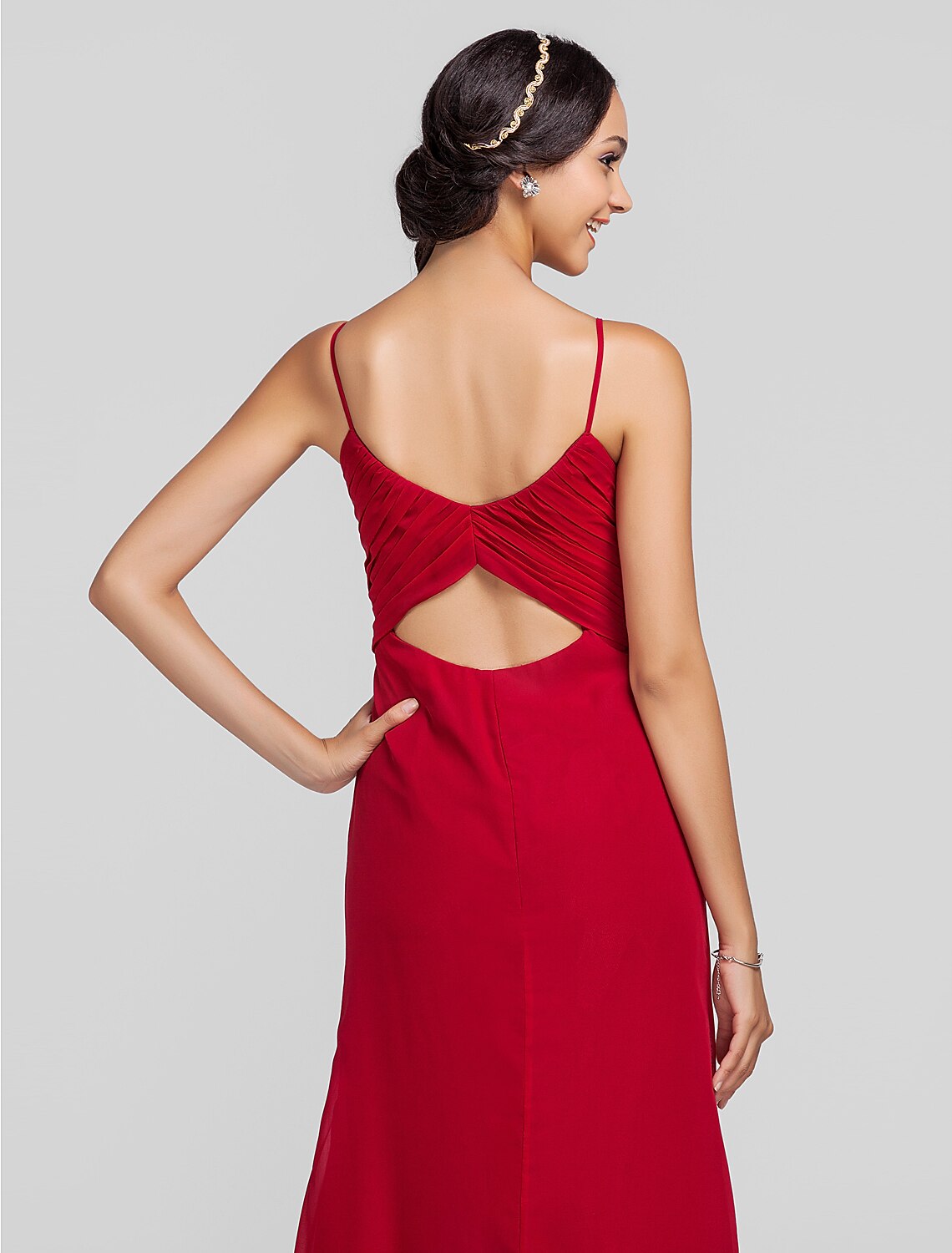 Sheath Spaghetti Strap Floor Length Chiffon Bridesmaid Dress with Criss Cross
