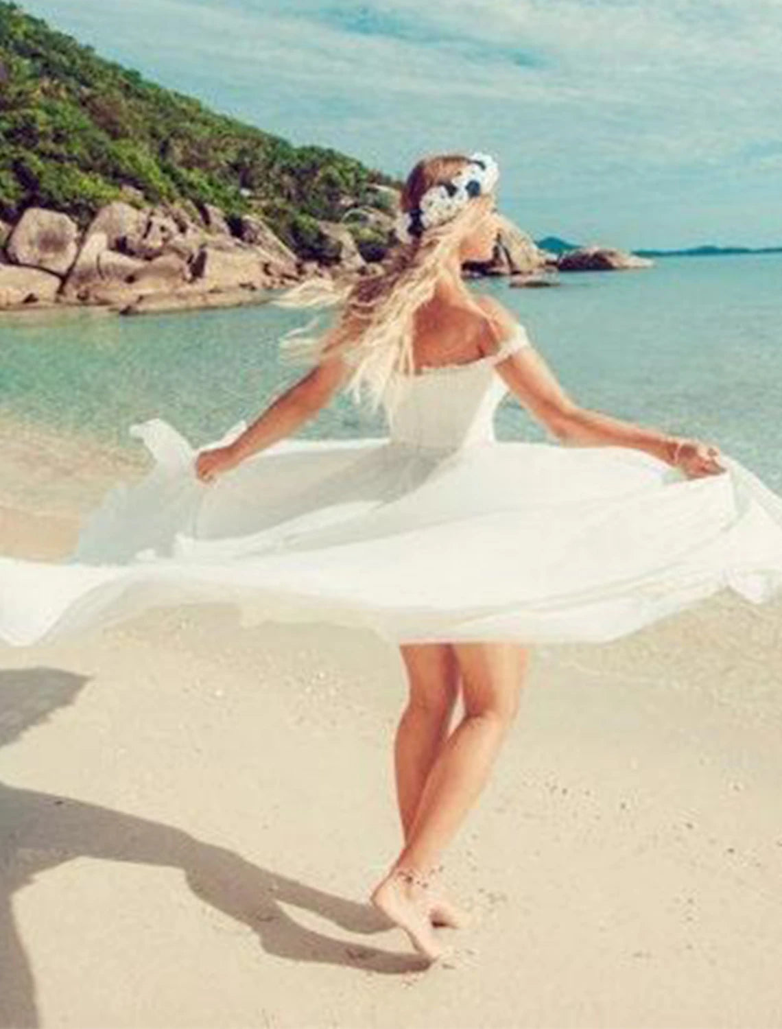 Beach Sexy Boho Wedding Dresses A-Line Off Shoulder Cap Sleeve Court Train Chiffon Bridal Gowns With Split Front