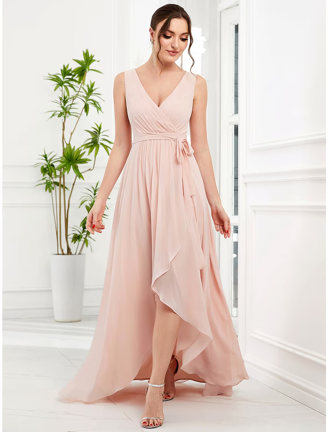 A-Line Wedding Guest Dresses Elegant Dress Party Wear Asymmetrical Sleeveless V Neck Chiffon with Ruffles