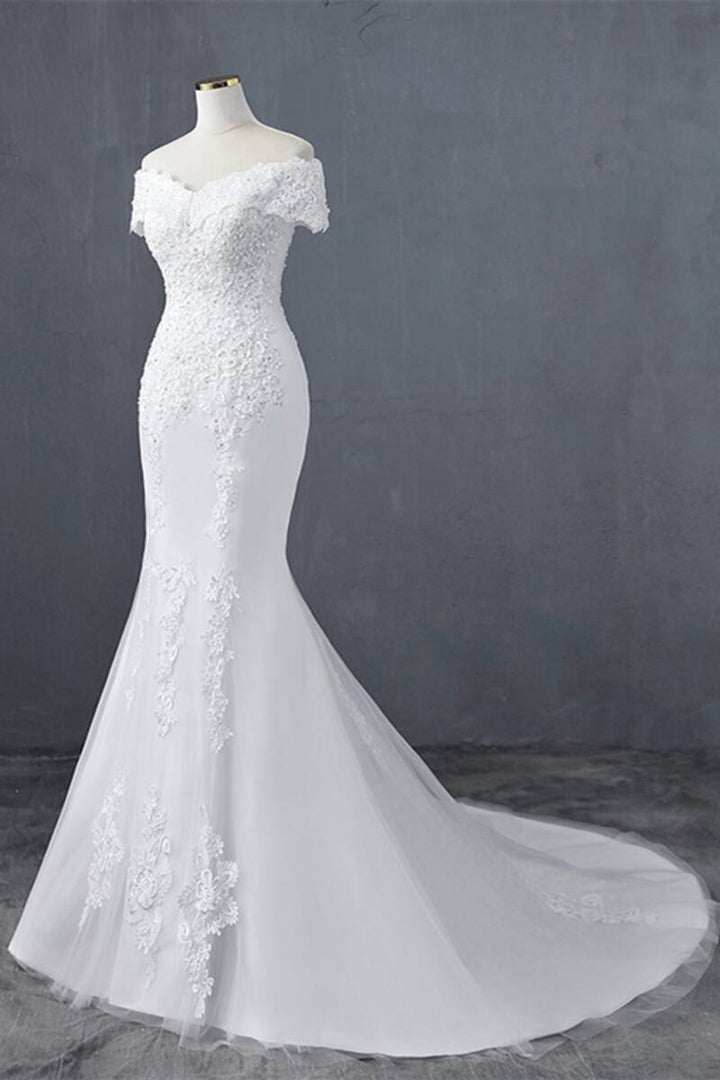 White Floral Lace Off-the-Shoulder Trumpet Wedding Dress Long