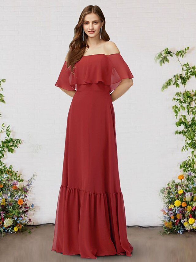 A-Line Bridesmaid Dress Off Shoulder Sleeveless Elegant Floor Length Chiffon