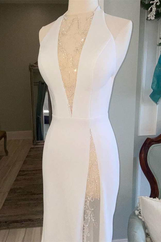 White Halter Open Back Mermaid Long Wedding Dress V-neck