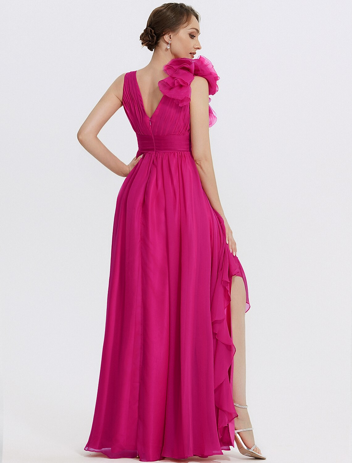 A-Line Evening Gown Floral Dress Formal Wedding Guest Floor Length Sleeveless V Neck Chiffon with Ruched