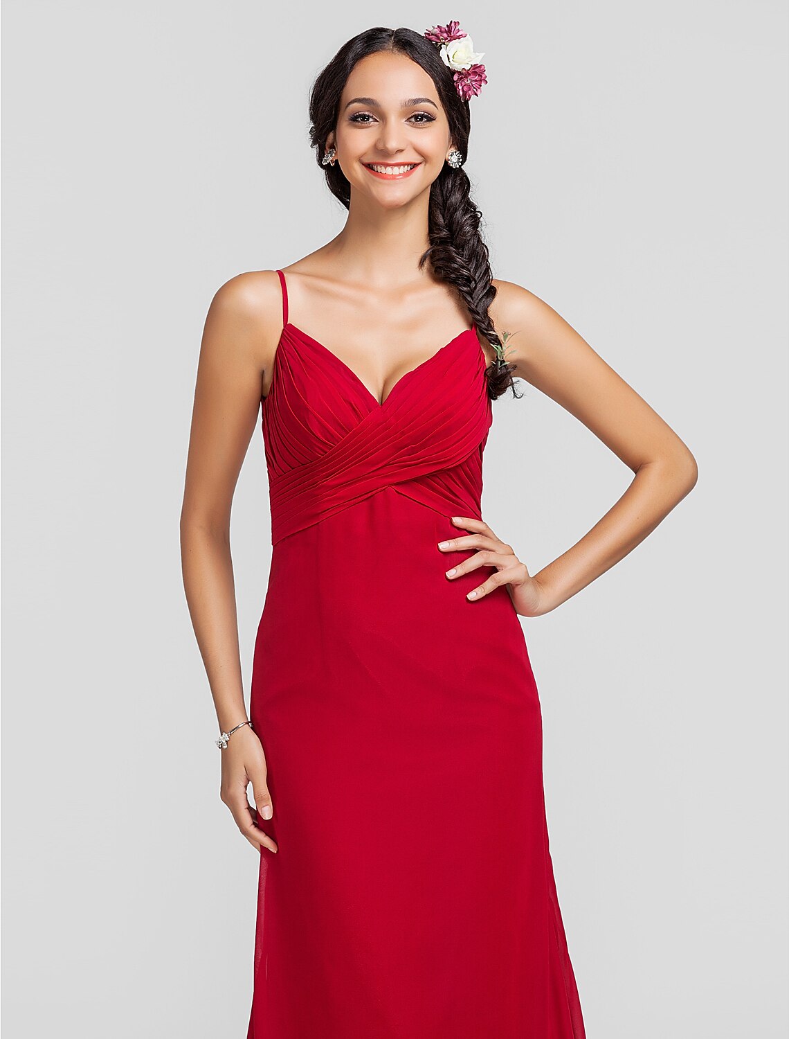 Sheath Spaghetti Strap Floor Length Chiffon Bridesmaid Dress with Criss Cross