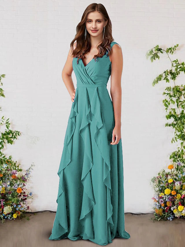 A-Line Bridesmaid Dress V Neck Sleeveless Elegant Floor Length Chiffon with Ruffles Pure Color