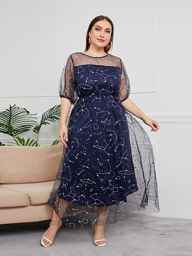 Plus Size Curve Mother of the Bride Dress Party Sparkle & Shine Scoop Neck Ankle Length Tulle Half Sleeve with Sequin