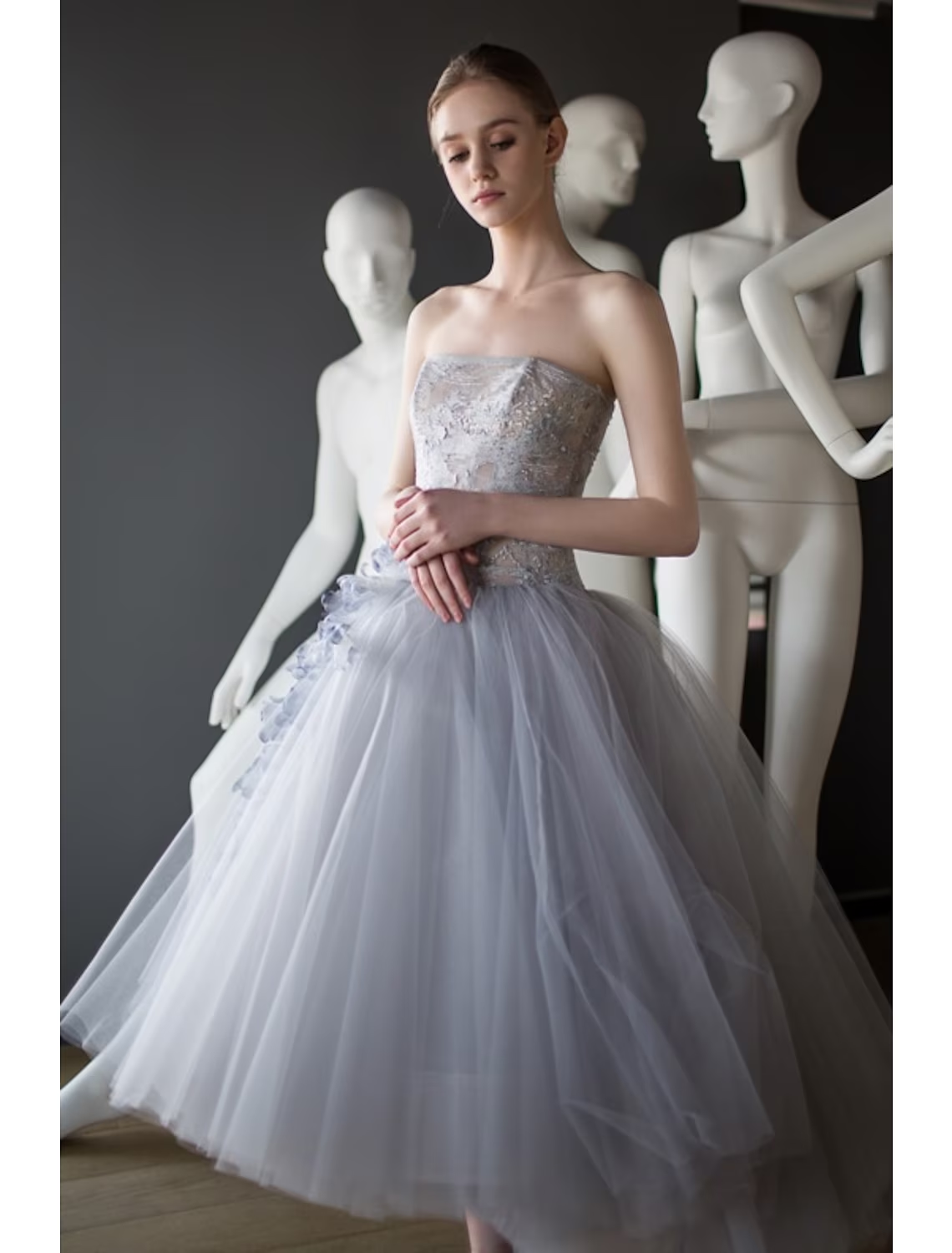 Ball Gown Prom Dresses Vintage Dress Graduation Tea Length Sleeveless Strapless Tulle with Appliques
