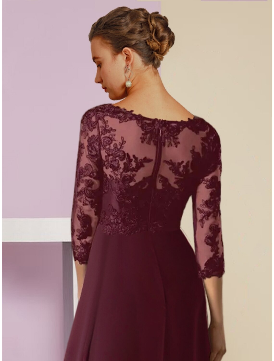 A-Line Mother of the Bride Dress Wedding Guest Vintage Elegant V Neck Asymmetrical Chiffon 3/4 Length Sleeve with Crystal
