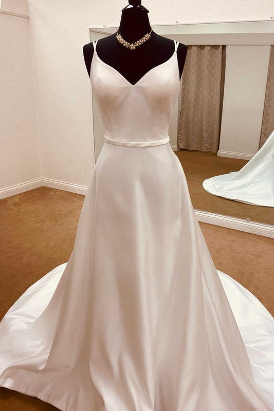 Elegant Satin Spaghetti Straps Backless Long Wedding Dress V-neck
