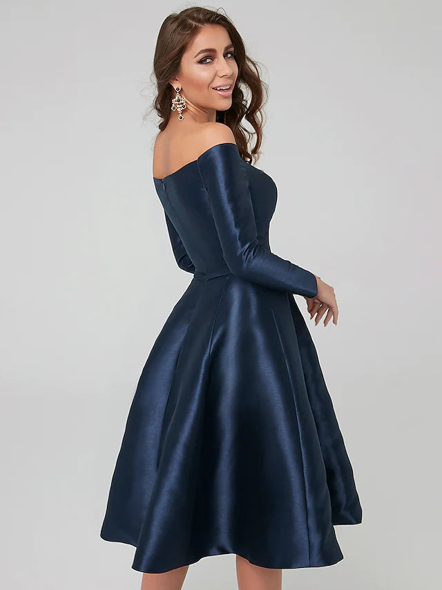 A-Line Special Occasion Dresses Party Dress Wedding Guest Knee Length Long Sleeve Off Shoulder Satin