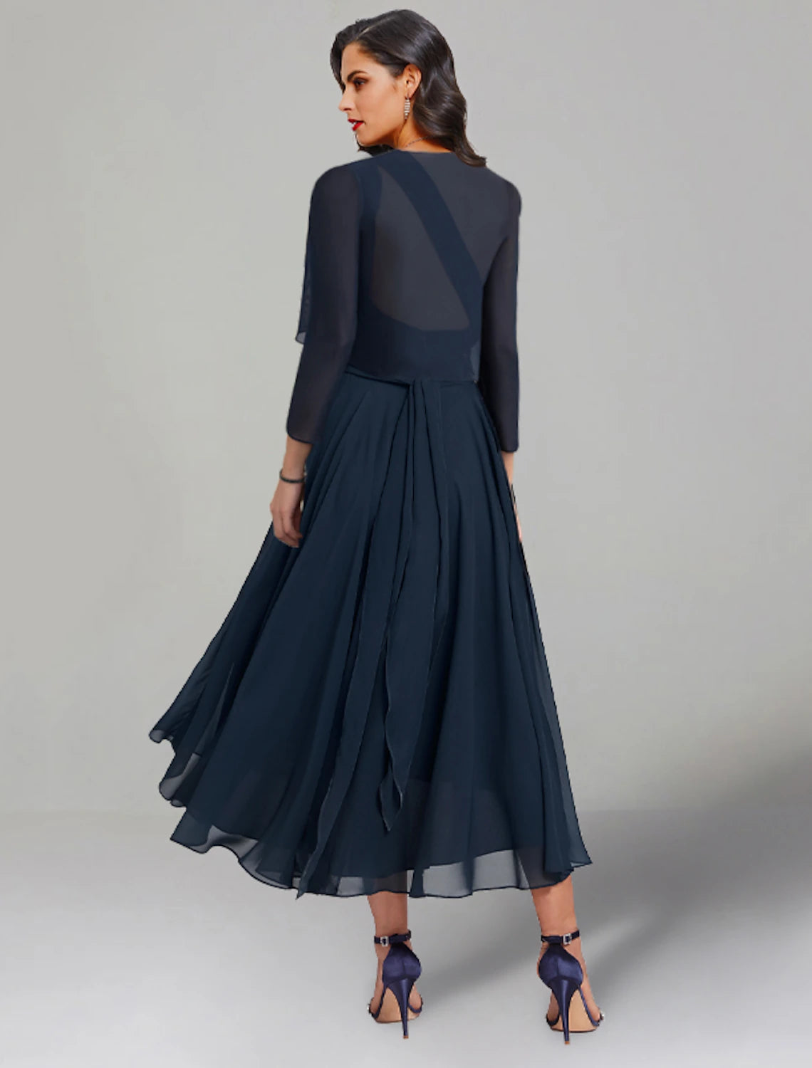 Two Piece A-Line Wedding Guest Dresses Elegant Dress Cocktail Party Tea Length 3/4 Length Sleeve V Neck Convertible Chiffon