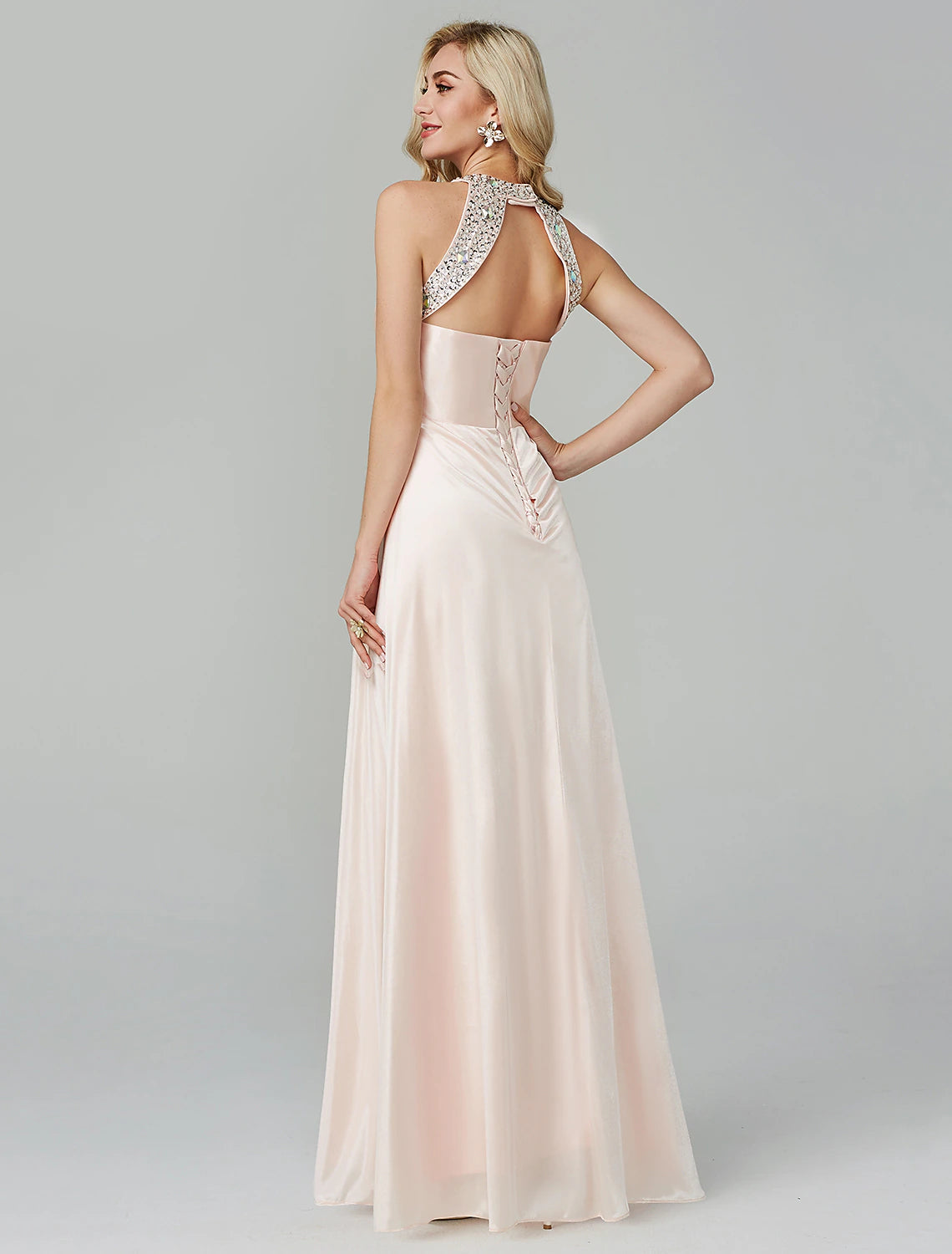 A-Line Little Black Dress Dress Party Wear Floor Length Sleeveless Halter Silk Backless with Crystals