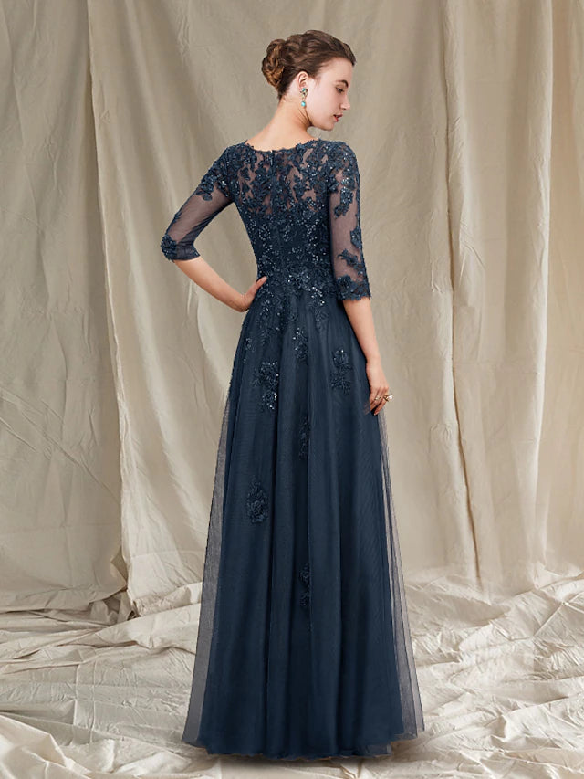 A-Line Mother of the Bride Dress Luxurious Elegant V Neck Floor Length Chiffon Lace Tulle Half Sleeve
