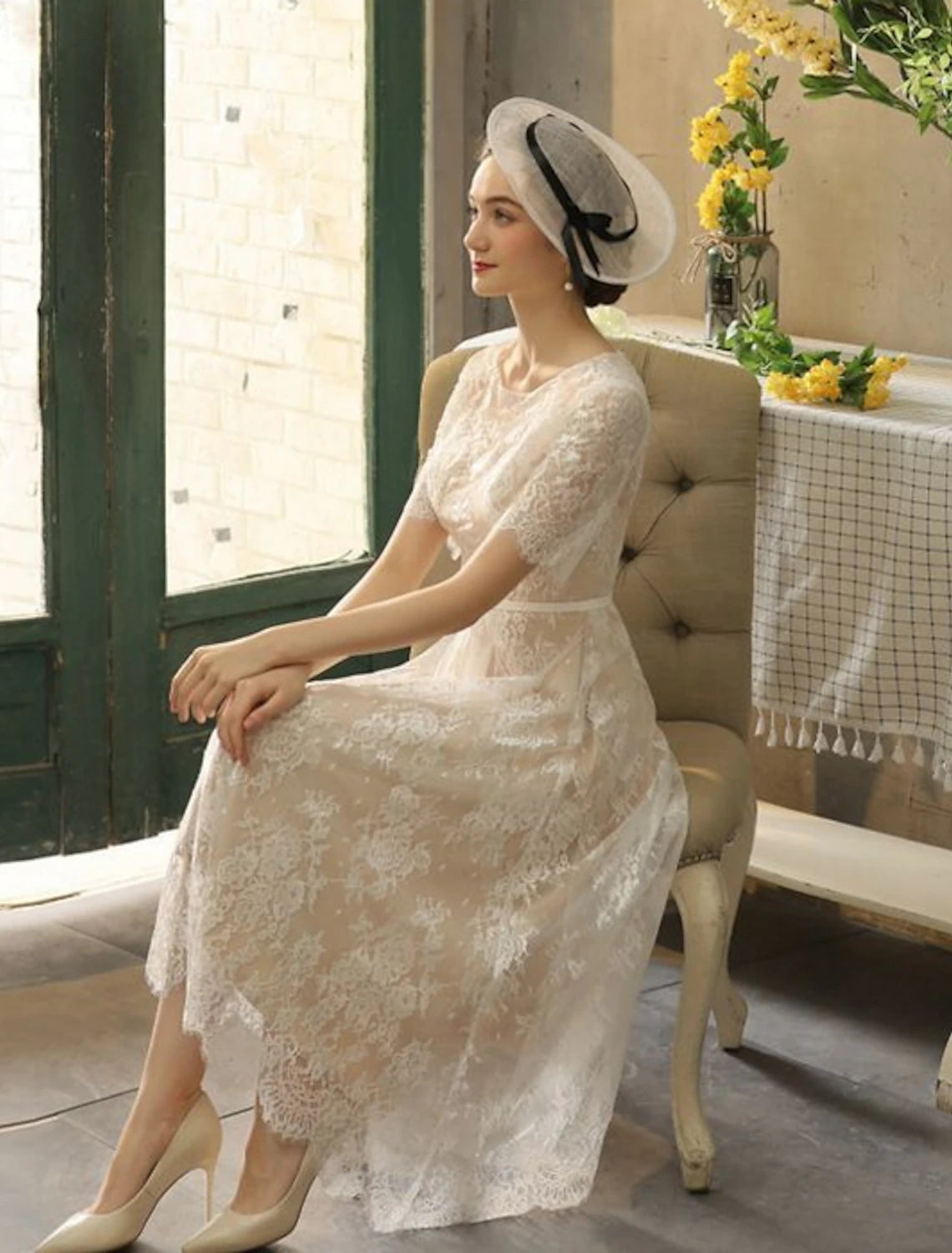 Reception Fall Wedding Dresses Little White Dresses in Color A-Line Illusion Neck Half Sleeve Tea Length Lace Bridal Gowns With Sash / Ribbon Appliques