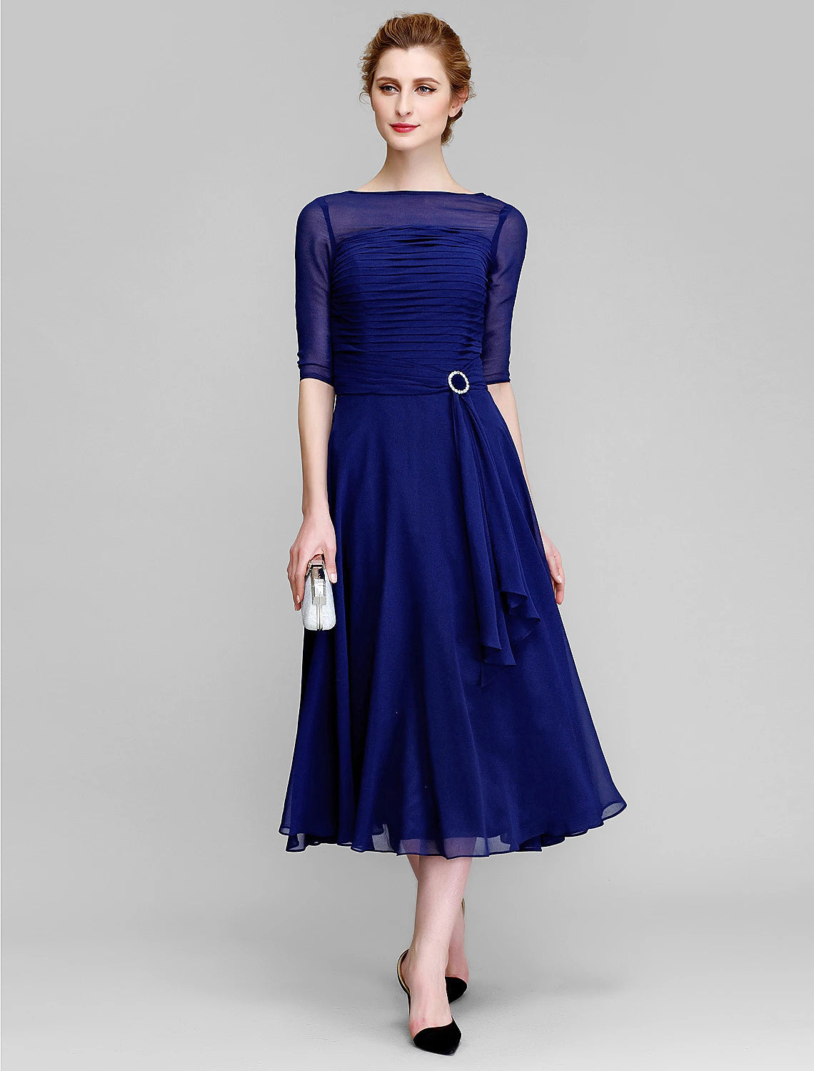 A-Line Mother of the Bride Dress Fall Wedding Guest Dresses Plus Size Elegant Bateau Neck Tea Length Chiffon Half Sleeve