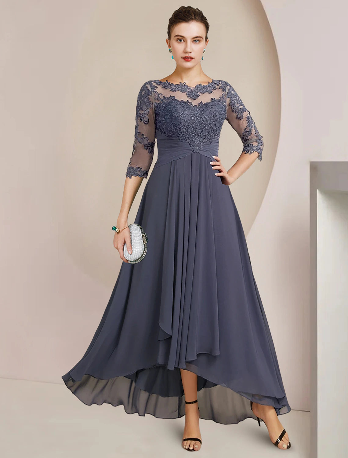A-Line Mother of the Bride Dress Wedding Guest Elegant High Low Scoop Neck Asymmetrical Tea Length Chiffon Lace 3/4 Length Sleeve
