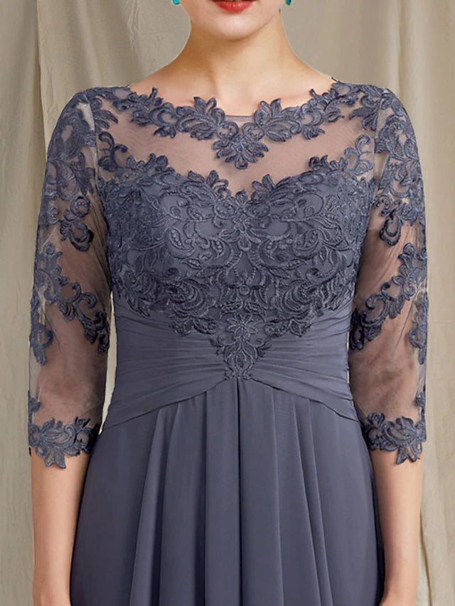 A-Line Mother of the Bride Dress Plus Size Elegant High Low Jewel Neck Asymmetrical Tea Length Chiffon Lace Half Sleeve with Ruched