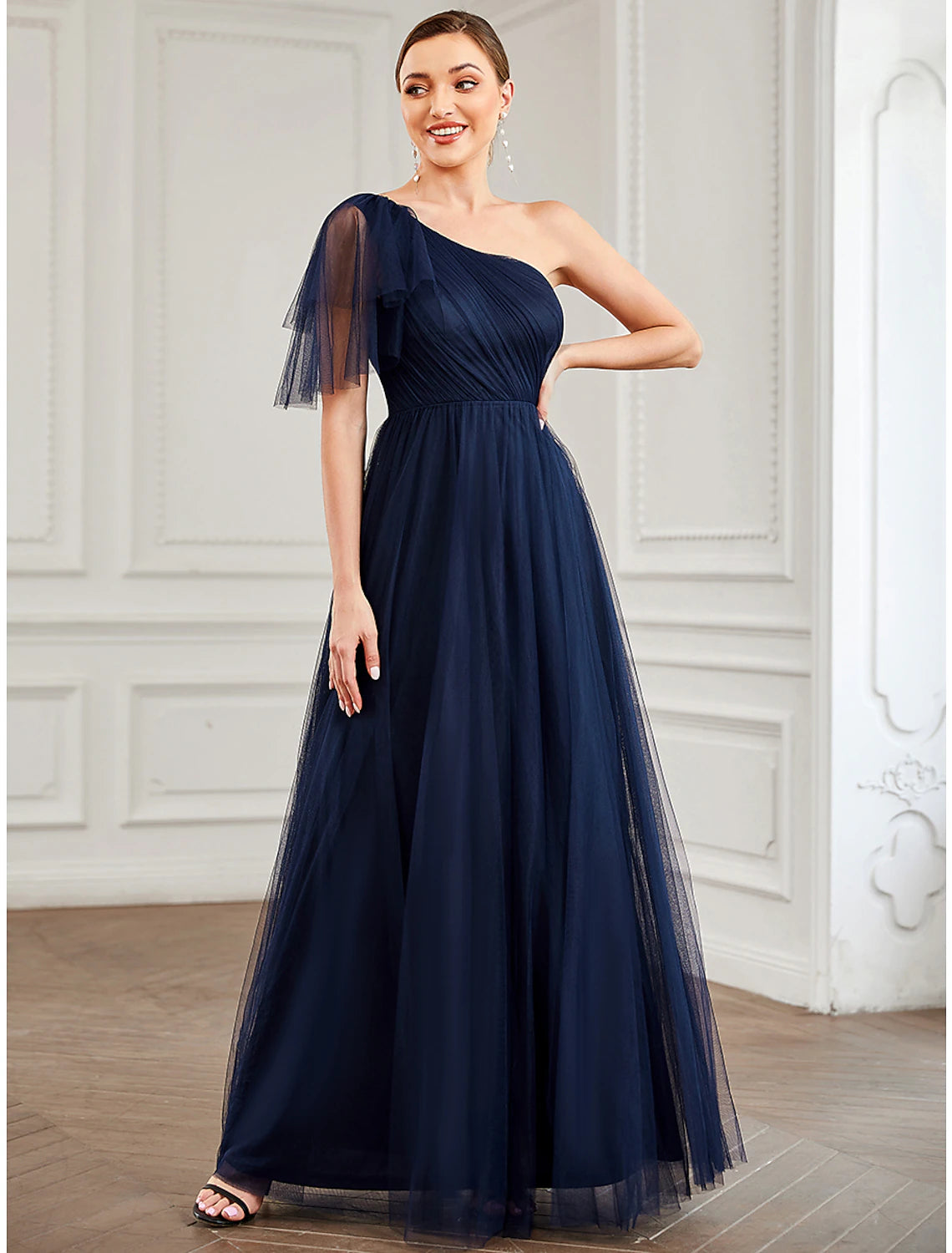 A-Line Party Dresses Minimalist Dress Quinceanera Floor Length Sleeveless One Shoulder Tulle