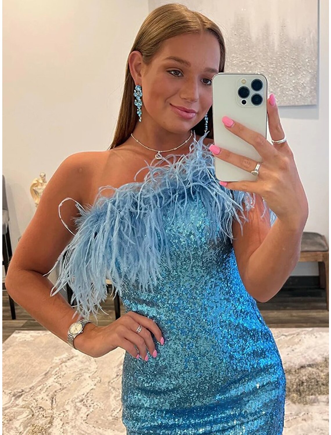 Mermaid / Trumpet Cocktail Dresses Party Dress Homecoming Short / Mini Sleeveless One Shoulder Sequined with Feather