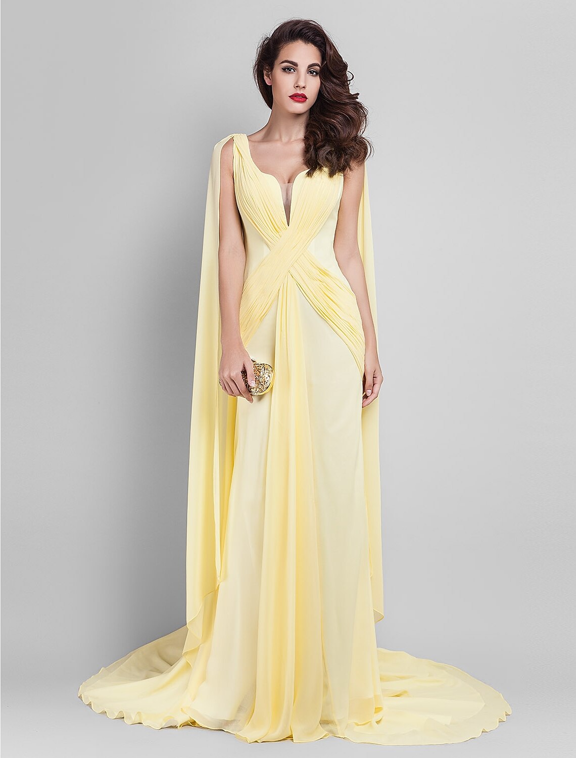Sheath / Column Elegant Dress Wedding Guest Court Train Sleeveless Plunging Neck Georgette V Back with Criss Cross Side