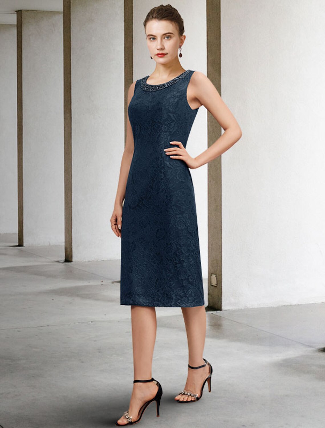 Two Piece Sheath / Column Mother of the Bride Dress Wedding Guest Plus Size Elegant Jewel Neck Knee Length Chiffon Lace Sleeveless