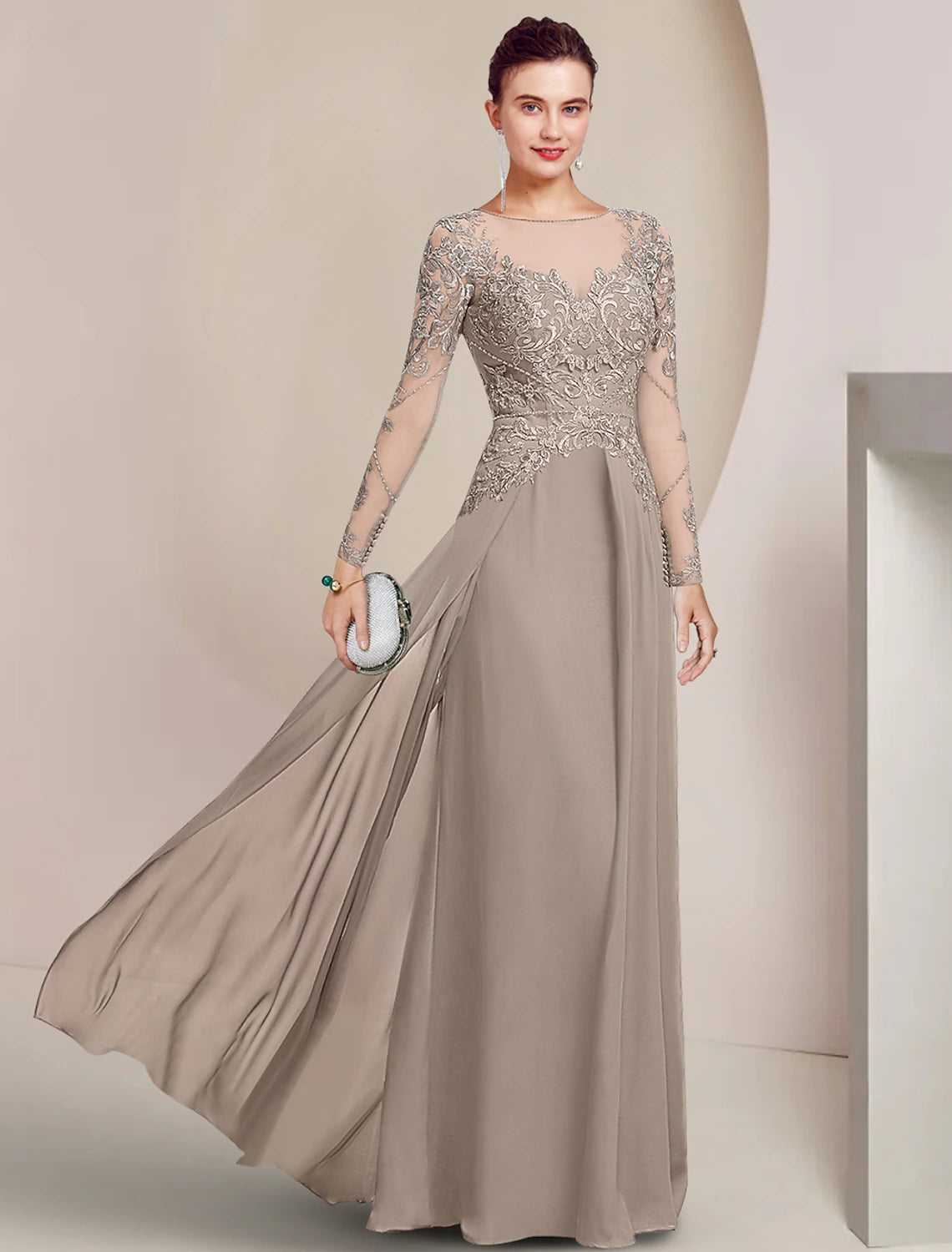 Sheath / Column Mother of the Bride Dress Formal Wedding Guest Elegant Scoop Neck Floor Length Chiffon Lace Long Sleeve with Beading